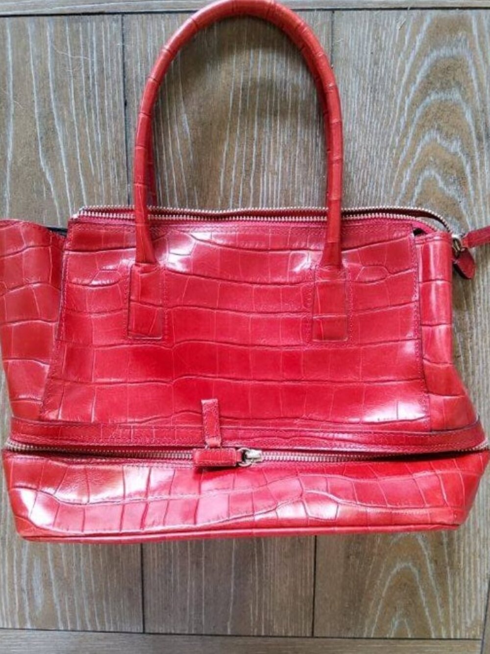 Tignanello Red Croc Embossed Leather Satchel Bag Y2K Double Zip